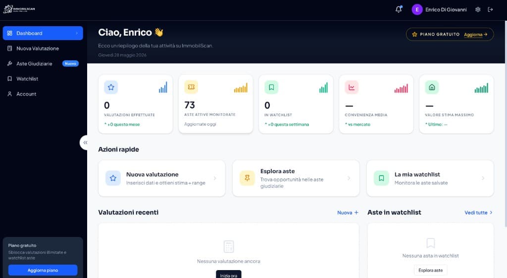 Dashboard ImmobilScan: riepilogo valutazioni, aste e watchlist
