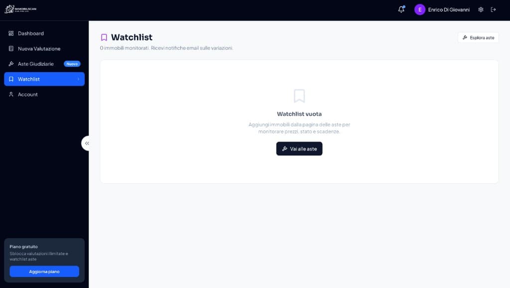 Watchlist con immobili monitorati e notifiche